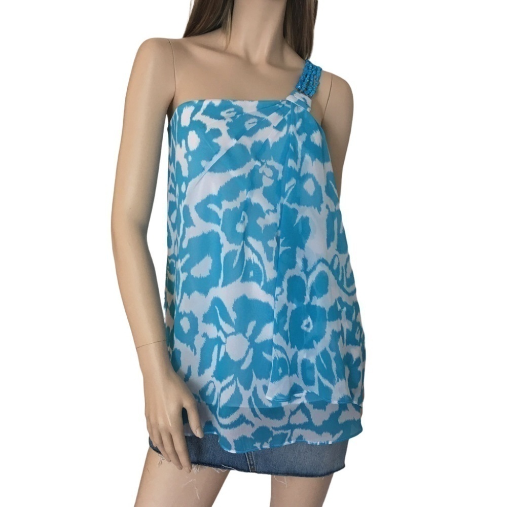 LE Chateau Flowy Chiffon One Shoulder Blouse with simulated turquoise stone